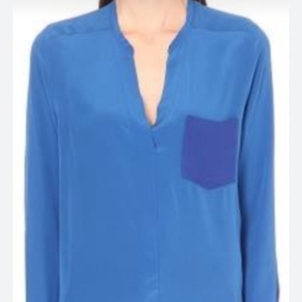Sandro Paris deep vneck long sleeve silk contrasting pocket blouse sz M
